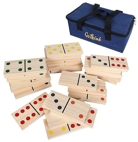 GOTHINK Giant Wood Dominoes Game Outdoor Set for Adults and Kids, 28pcs Jumbo Large-Format Domino Tile with Carrying Bag for Birthday Holiday Family Party Games & Outdoor Lawn and Backyard Activities