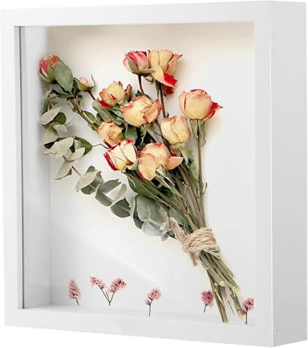 YULIAO 3D Rahmen Quadratische 20 x 20cm, Holz Shadow Box, Bilderrahmen Tief, Tiefer 3D Objektrahmen, 3D Objektrahmen Hölzern, 3 cm Innentiefe (Weiß, Quadrat)