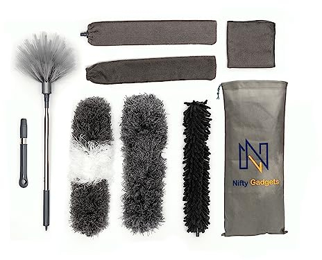Feather Duster Set - Premium Quality Microfiber Cleaning Brushes with Extendable Handle for Dusting - Reusable, Bendable Dusters, Washable Lightweight