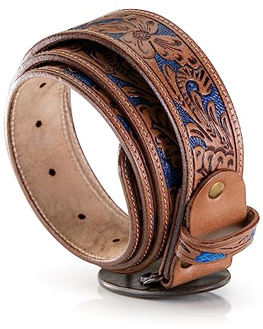 Trachtengürtel Leder handgefertigt - Unikat Trachten Ledergürtel mit Hirsch Schnalle - hand-geschnitzter zwei-Farben Lederhosen-Gürtel Leonard (BW 100 (50-52))