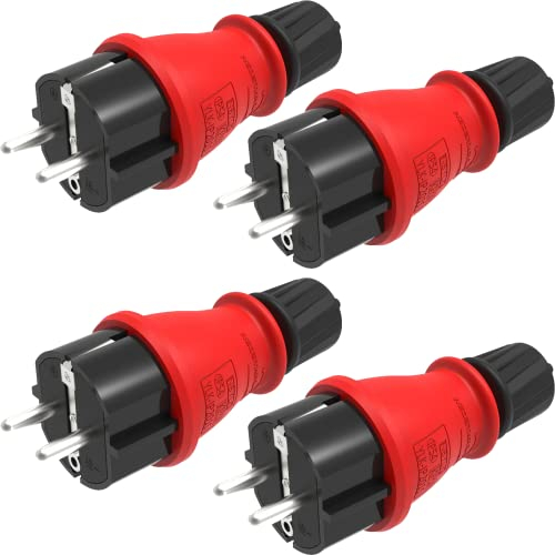 RedStar24 Schuko Stecker 230V IP54 4er Set Robuster Schutzkontaktstecker aus Gummi & Kunststoff, Schwarz Rot | Hermetisch Versiegeltes Design | Perfekt für den Außenbereich | 3-Poliger Stromstecker
