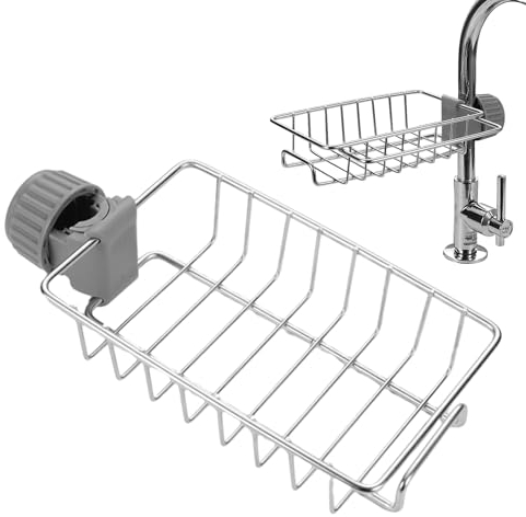 MAXQUU 1 mensola portaoggetti per rubinetto, per lavello da cucina, in spugna, per il bagno (argento)