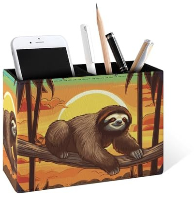 Famame Lustiger Stiftehalter mit Faultier, Sonnenuntergang, Strand, für Schreibtisch, Leder, Schreibtisch-Behälter, Stiftebecher, Aufbewahrung, Arbeitszimmer, Tisch, Stifte-Organizer,