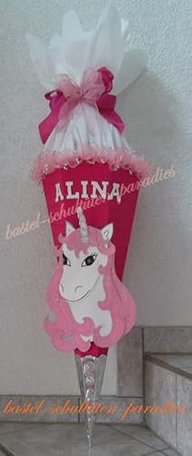 Schultüten Bastelset Einhorn2 mit Schleifenband-Rüsche pink-rosa-weiß MaterialType Schultütenzuschnitt 400g Karton