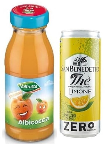 48er-Pack Valfrutta Succhi di Frutta Albicocca,Fruchtsaft mit italienische Aprikosen,Alkoholfreies Getränk,125ml Einweg-Glasflasche + 1er-Pack San Benedetto Eistee mit Zitrone Ohne Zucker 330ml Dose