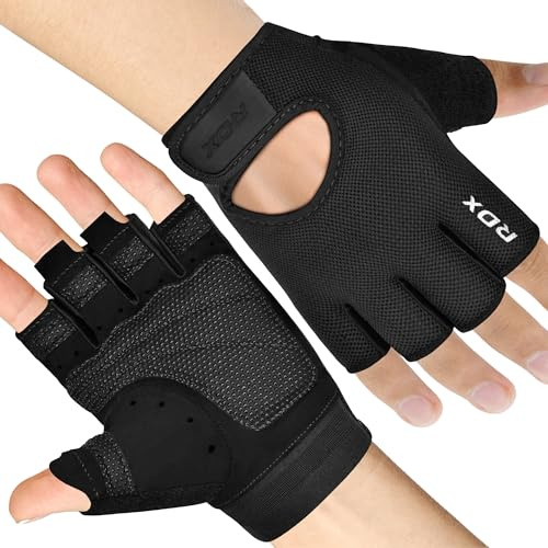RDX Gewichtheber-Handschuhe für Männer und Frauen, atmungsaktiv, mit halbem Finger, Fitnessstudio, guter Griff (Schwarz, L)