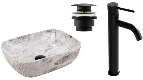 GTM Design Aufzatzwaschbecken mit Armatur-Waschbecken mit Hahn-Waschbeckenarmatur Schwarz-Aufzatzwaschbecken Rechteckiges - Waschbecken Steingrau Matt- Aufsatzwaschbecken mit Armatur komplett Set