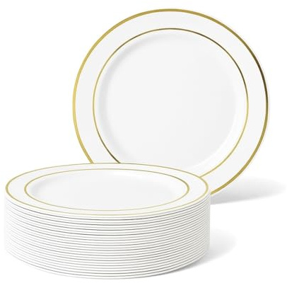 MATANA 50 Premium White Plastic Dessert Plates with Gold Rim, 19cm / 7 Inch - Elegant & Reusable Small Side Plates, Starter Plates for Weddings, Birthdays, Picnic, BBQ, Parties