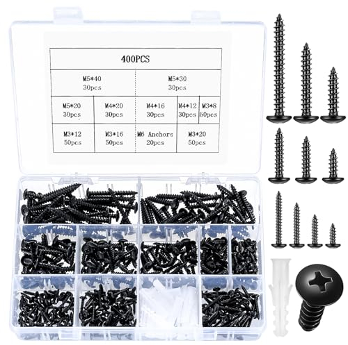 400 Piezas M3 M4 M5 Tornillos de Cabeza Redonda Tornillos para Madera, Tornillos Autorroscantes Negros, Tornillos de Chapa, Tornillos Autoperforantes de Cabeza con Brida Tipo Hongo para Metal