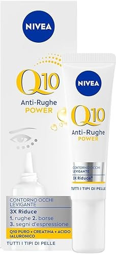 NIVEA Q10 Anti-Rughe Power Contorno Occhi Levigante 15 ml, Contorno occhi antirughe e idratante, Crema contorno occhi con Coenzima Q10, Acido Ialuronico e Creatina per un 2x booster di collagene