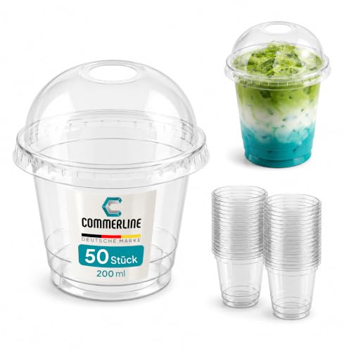 Commerline Smoothie Becher, 200 ml, 50 Stück, Slush Becher mit Domdeckel | Transparentes R-PET, Plastikbecher mit Deckel, Dessertbecher, Bubble Tea Becher, Eiskaffee To Go, Trinkhalmöffnung