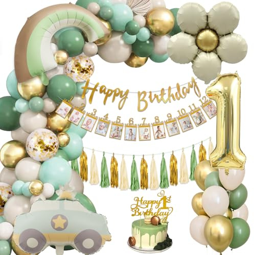 Geburtstagsdeko 1 Jahr, Deko 1. Geburtstag Junge Mädchen, Grüne Gold Luftballons 1. Geburtstags, 1 Geburtstag Deko Junge Mädchen, Happy Birthday Girlande Monat Foto Banner for Kindergeburtstag Deko