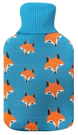 Bolsa de agua caliente 1,7L, forro azul, dimensiones 20x32x4 cm, flexible y suave, para aliviar dolores y calentar en invierno.