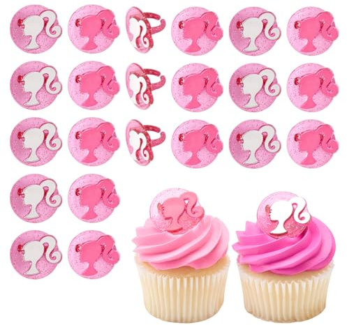 DecoPac Barbie Rings, 24 Barbie Silhouette Cupcake Decorations, Pink Glitter Cake Toppers For Birthday, Parties, Celebrations - 24 Pack