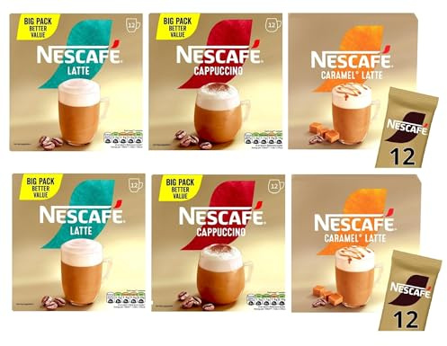 NESCAFÉ Variety Pack x12 Instant Coffee Sachets, Flavours inc. Cappuccino, Latte, Caramel Latte (Pack of 6, Total 72 Sachets)