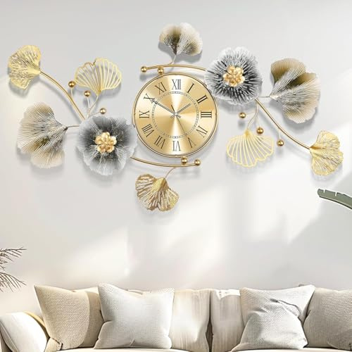 Blissio Grande Orologio da Parete, Orologio Decorativo in Metallo con Foglia di Ginkgo 3D Creativo, con Movimento Silenzioso, Decorazione Murale Grande per Soggiorno (Colore Del Caffè, 91cm)