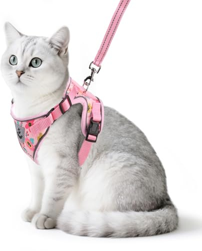 PUPTECK Katzengeschirr und Leine Set Escape Proof Reflective Cat Walking Harness Adjustable Soft Breathable Mesh Vest for Small Pets, Pink Flowers, M