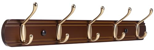 Yundoza Coat Hooks Wall Mounted, Bamboo Wall Coat Racks with 5 Metal Hooks for Hanging Clothes, Towels, Keys, Hats, Bags(Brown&Rose Gold)