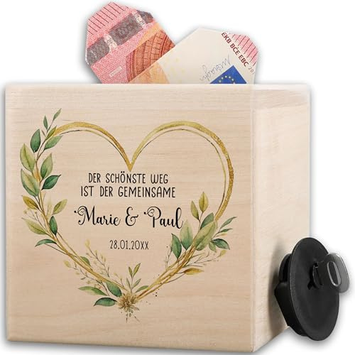 Spardose Holz - Holzspardose Der schönste Weg ist der gemeinsame mit Name Datum I Brautpaar Geschenkidee Hochzeit Geld Geschenk Verpackung Geldgeschenk Brautpaar - 10x10cm - Holz