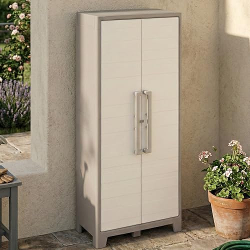 Dmora - Armadio da Esterno Grimsby, Mobile Outdoor, Mobiletto Giardino multiuso, Contenitore per balcone o Garage, Made in Italy, 80x44 h182 cm, Sabbia