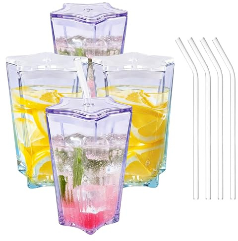 4 Pack Glass Drinking Cups with Lids and Straws, 300ml Cute Colorful Star Shaped Glass Tumblers, Perfect for Smoothies, Whiskey Soda, Iced Tea, Purple and Cyan Sets