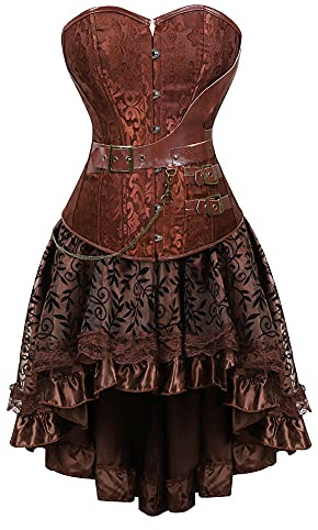 Disfraz steampunk mujer Corset Disfraces Mujer Cuero Corsés con Falda y Pirata Blusas Corset Cuero Falda Fiesta y Blusa Pirata Conjunto de Corsés y Bustiers