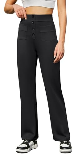Friptspyg Pantalon Femme Taille Haute Droit Élastique à Poches et Boutons Pantalon Sport Travail et Détente Femme