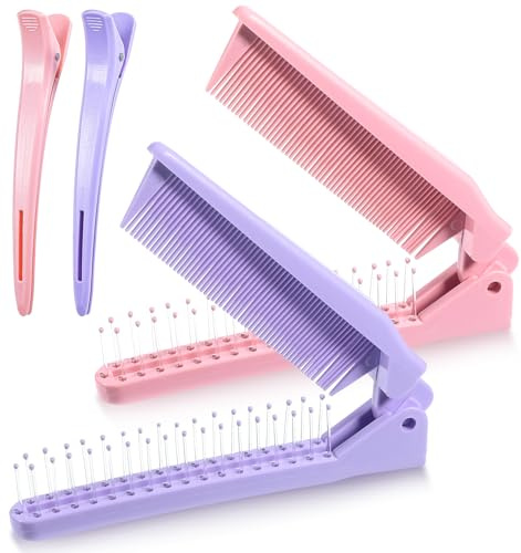 2 Pack Compact Hairbrush, Folding Hair Brush for Purse, Travel Size Comb for Women and Girls, Compact & Lightweight for Bags, Pocket, On-the-Go (Pink & Purple)