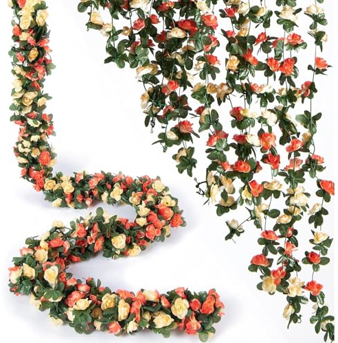 ToqoGeri 4 Pcs Artificial Flowers Garlands Double Colors Fake Rose Flower Vine Hanging Garlands, for Room Anniversary Wedding Birthday Christmas Wall Arch Decor, Champagne Flower