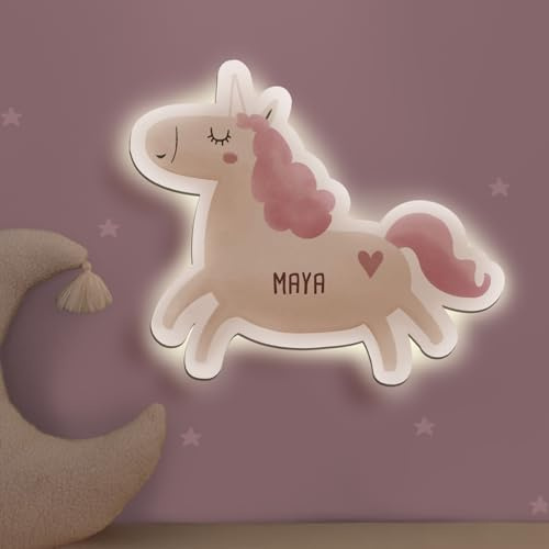 hellomini Personalisierbares LED-Nachtlicht mit Name für Kinder & Babys | Holz-Wandlampe | Schlummerlicht mit Motivwahl – Geschenk zur Geburt & Taufe (Einhorn Aquarell)