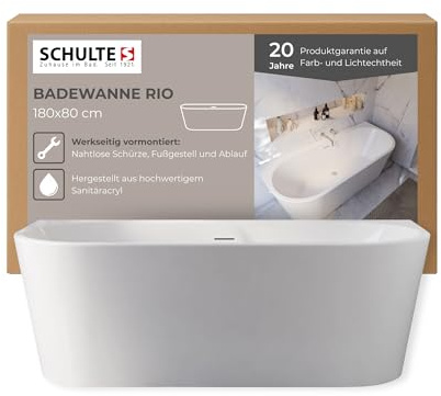 Schulte Badewanne Rio inkl. vormontierter Schürze, 180x80 cm, Komplett inkl. Fußgestell und Ablauf, aus hochwertigem Acryl in Weiß glänzend