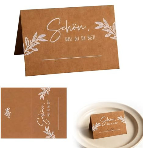 100 Stück Kraftpapier Tischkarten, Tischkärtchen Schön Dass Du Da Bist, Blanko Tischdekoration Namenskarten zum Selbst Beschriften, Platzkarten für Geburtstag Hochzeit Konfirmation Kommunion Taufe