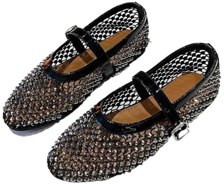 SNGUOQ Kristaller och strass rutnät ballerinor för kvinnor, nätnitar, plus storlek 42 för dans och fest (storlek42)