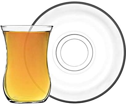 LAV 12pc Clear 115ml Klasik Glass Tea Cup & Saucer Set - Small Vintage Kitchen Coffee Cappuccino Espresso Teacup Mugs