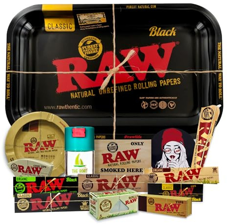 Rolling Tray Raw black 27.5 x 17.5 cm + Airtight Tin + RAW ashtray + Raw papers Kingsize Organic, Black, Classic, 5 meters + Tips + Raw Cones Kingsize + Stickers – Gift for smokers