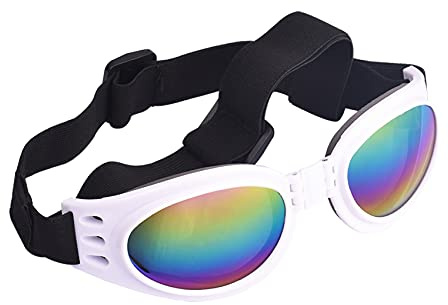 JIABEIUS Dog Goggles Sunglasses, Windproof Puppy Goggles with Anti-Fog UV Protection for Cats & Small Dogs (White)
