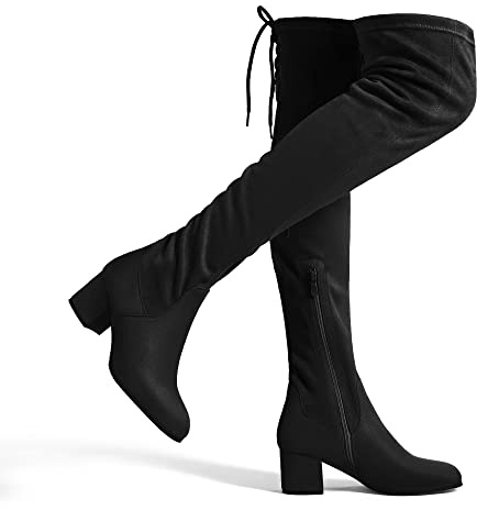 DREAM PAIRS Damen Overknees Schnürstiefel Langer Schaft Wildleder Warme Kniehohe Stiefel mit 5,6 cm Blockabsatz,Size 41,Schwarz/Wildleder,LAURENCE-E