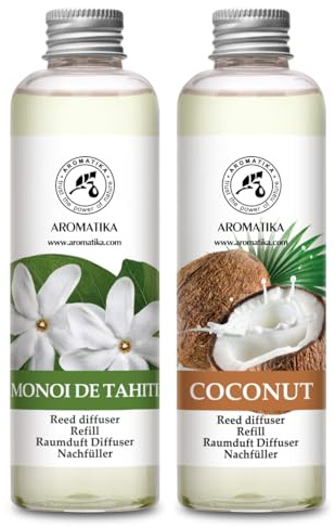 Raumduft Diffuser Nachfüller Monoi de Tahiti & Kokos 400ml - 2x200ml - Nachfüller Set für Duftdiffusor - Reed Diffuser Refill - Raumbeduftung - Zimmerduft - Diffuser Nachfüllen - Raumluft