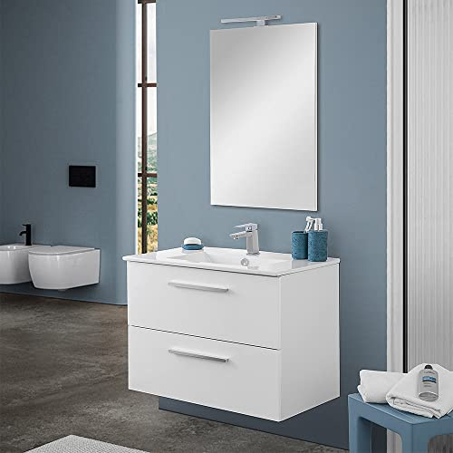 Inbagno Mobile Bagno sospeso 80 cm, Bianco Lucido 2 cassetti, Completo di lavabo e Specchio