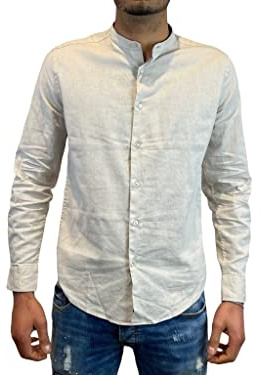 STILL Camicia Collo Coreana Scollo Coreano Lino Cotone Vari Colori Primavera Estate Leggera Fresca Slim Fit Moda New Elegante Tinta Unita Manica Lunga S M L XL XXL Aderente Art MLCORU (S, Beige)
