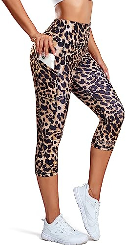 STARBILD Sport Leggings Femme 3/4 avec Poches, Capris Pantalons Court Taille Haute, pour Fitness Yoga Jogging, K9900 - avec Poche - Léopard XL