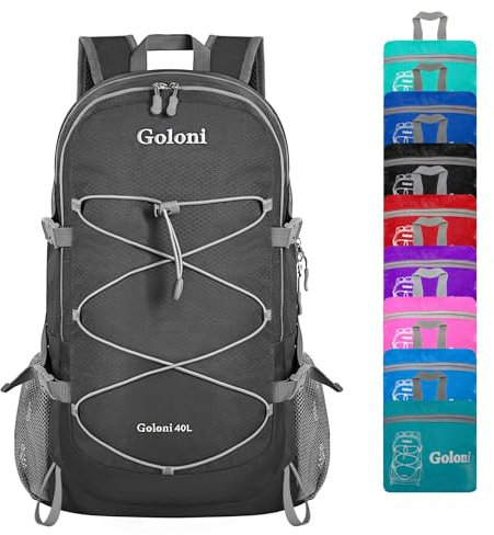 Goloni Ultraleichter, verstaubarer Rucksack, 40 l, faltbarer Wanderrucksack, wasserabweisend, klein, faltbar, Tagesrucksack für Reisen, grau dunkel, Classic