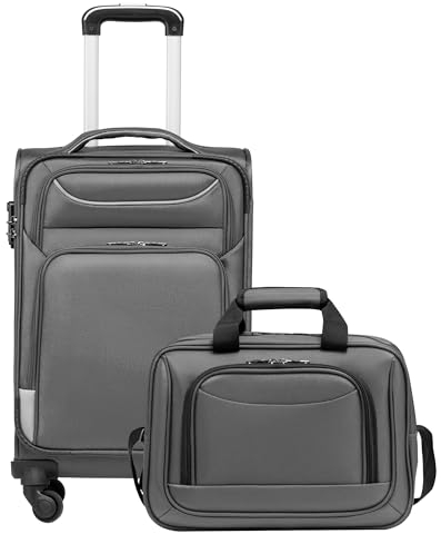 COOLIFE Koffer Trolley Koffer Reisekoffer von 4 Rollen Stoffkoffer Handgepäck TSA-Schloss Der Koffer Enthält 1 Große Umhängetasche (Handgepäck-Set 2tlg, Grau)