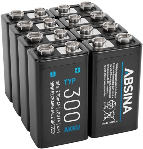 ABSINA 8X 9V Akku Block wiederaufladbar 300 mit geringer Selbstentladung - 9V Blockbatterie Akku NiMH mit min. 270mAh & 8,4V - E Block 9V Batterie, Akku 9V Block wiederaufladbar, 9V Batterie Akku