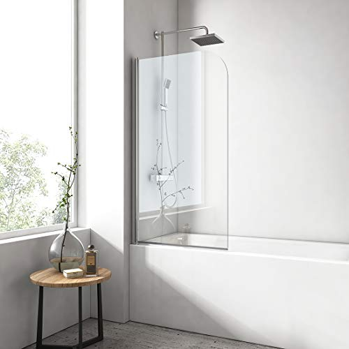 EMKE Paroi de baignoire 90 x 140 cm, 1 volets pivotants, pare baignoire 6mm verre de sécurité, 180° balançoire,Color Chrome,Revêtement nano facile à nettoyer