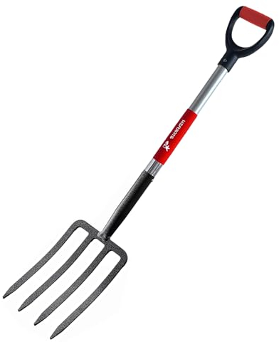 BIHOMIFI Grabegabel, geschmiedeter Stahl mit D-Griff, 104,1 cm, Premium-4-Zinken-Spaten, Grabegabel, stabiles Metall, D-Griff, Mehrzweck, praktisch unzerbrechlich, Gartenwerkzeug