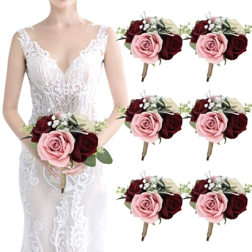 Set of 6 Artificial Bridesmaids Bouquets for Wedding -7 Inch Bridesmaid Bouquet Blush & Burgundy Silk Rose Pre-made Small Wedding Flowers for Bridal Shower Centerpieces Ceremony & Anniversary