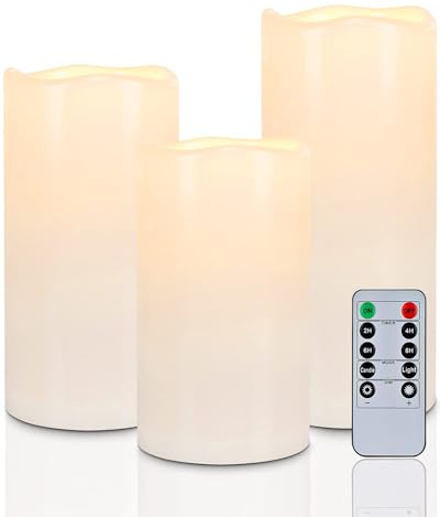 Homemory Wasserdichte Flammenlose Kerzen für den Außenbereich, Batteriebetriebene flackernde LED-Säulenkerzen mit Fernbedienung und Zeitschaltuhr, Kunststoff, Elfenbeinweiß, 3er-Set