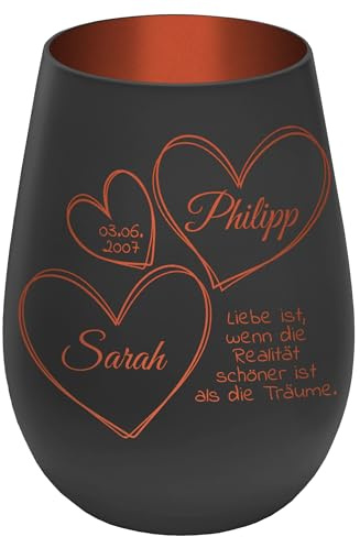Windlicht mit Gravur ''In Liebe vereint'' - Schwarz/Kupfer - Glas Teelichthalter personalisierbar mit Wunschtext - Geschenk zu Valentinstag Hochzeit Verlobung Jahrestag