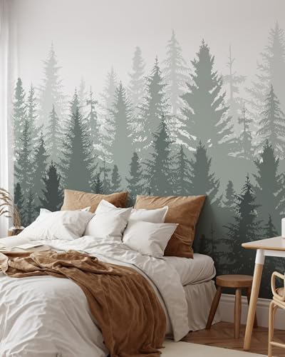Coloritto Green Landscape Wallpaper | Foggy Forest Peel and Stick Mural | Pine Tree Self Adhesive or PrePasted Removable Wall Decor (Sample 12 W x 8 H)